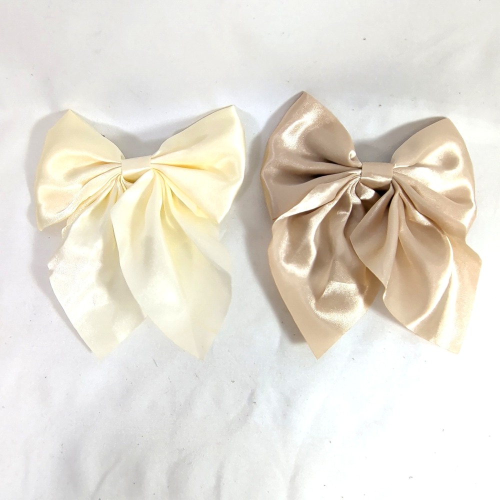 Cream and Champagne Alligator Hair Clips; 2 Piece Satin Bow Set